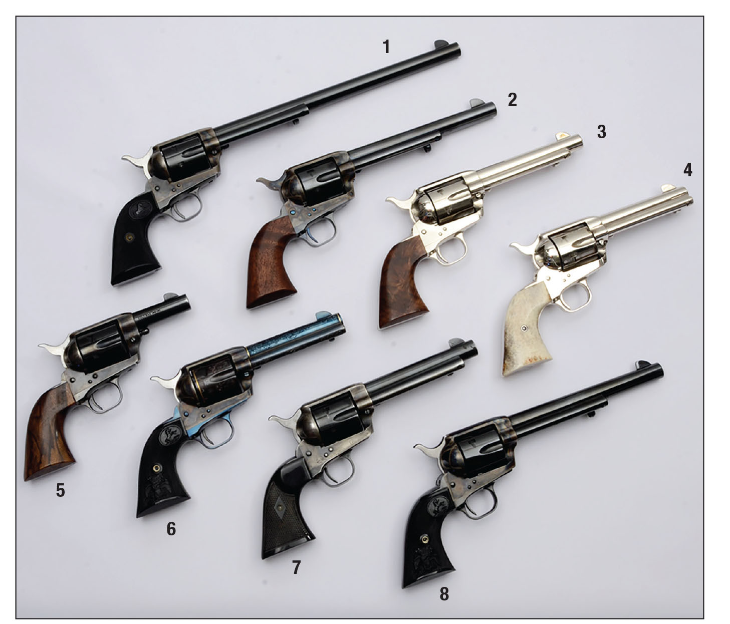 Mike’s Colt revolvers used for a barrel length comparison. Top row: .45 barrel lengths are (1) 12 inches, (2) 7½ inches, (3) 5½ inches and (4) 4¾ inches. Bottom row: .44-40 barrel lengths are (5) 3 inches, (6) 4¾ inches, (7) 5½ inches and (8) 7½ inches.